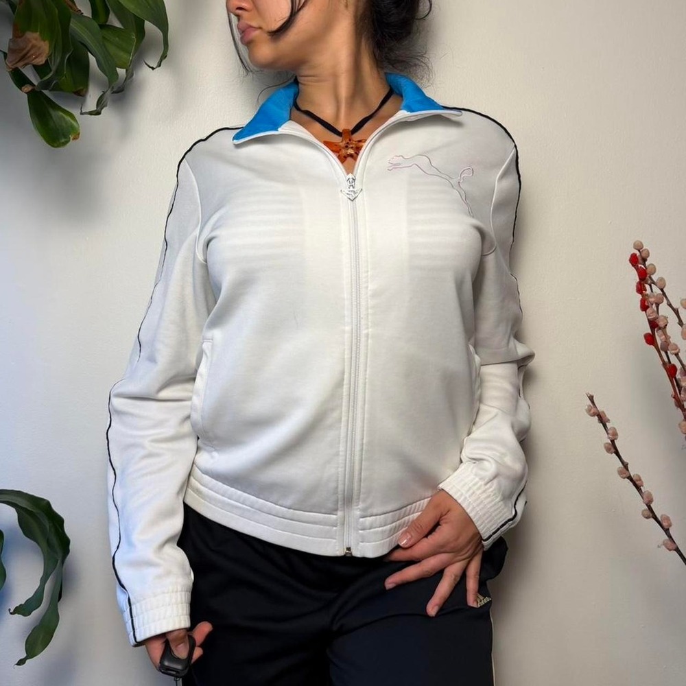 Vintage Puma Y2K Track Jacket White Blue Pink Full Zip Mens Small Women Medium